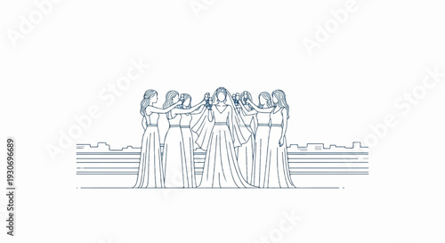 Women in elegant dresses toast with champagne flutes in celebratory gathering