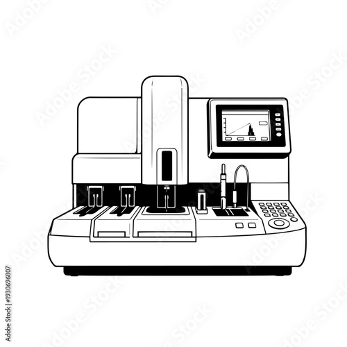 Professional hematology analyzer black and white vector icon designed in clean outline style representing an automated blood cell analysis machine used in clinical laboratories hospitals 