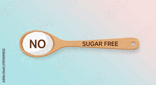 Wooden spoon with white sugar and "NO SUGAR FREE" message