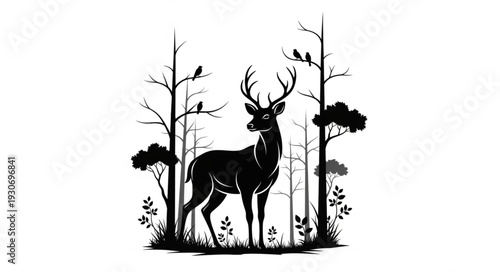 Deer with Antlers in Forest.