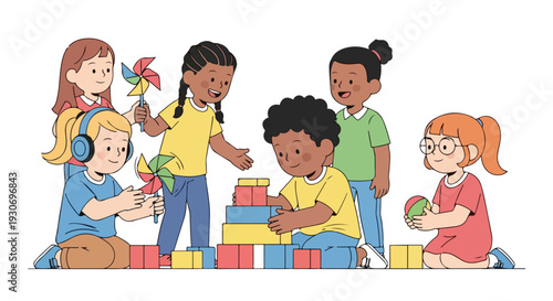 Children with diverse abilities play together with colorful blocks on World Autism Awareness Day, promoting inclusivity and friendship in a bright setting.