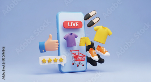 Online shopping on smartphone with various products like clothes shoes and cart indicating live sales event and customer review