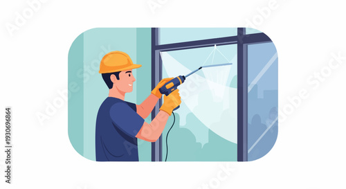 Worker in hard hat cleans window with spray tool