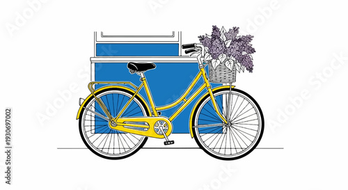 Yellow bicycle with a basket of purple flowers against a blue background