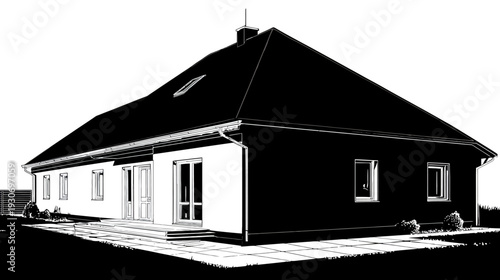 A monochrome illustration of a house with a dark roof and white exterior