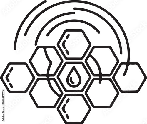 Abstract hexagonal AI hive structure glowing with interconnected nodes, representing artificial intelligence, network systems, and complex data. Futuristic, digital.