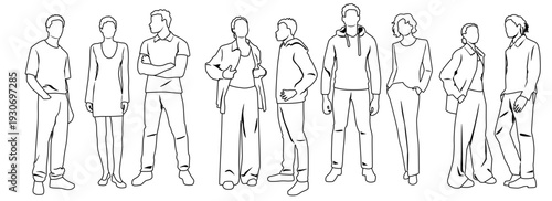 Walking men and women, collection of young people silhouettes, front view, hand drawn, line sketch, profile, vector image, black color, isolated on white background