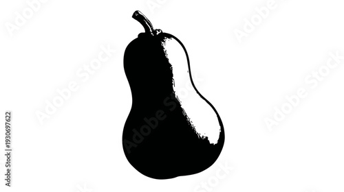 A silhouette illustration of a gourd fruit with stem and irregular shading in black and white