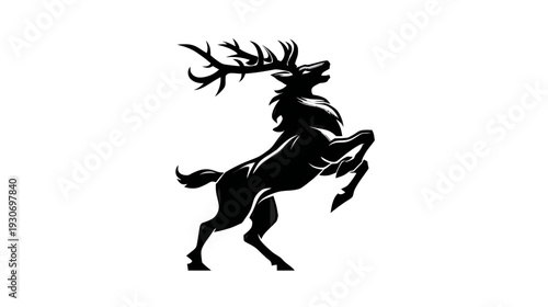 A black silhouette of a stag rearing up, with large antlers and a flowing mane