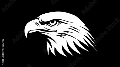 A white, detailed depiction of an eagle's head, gazing rightward, on a stark black background