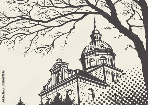 Vintage Architectural Sketch of a Grand Mansion with Tree Branches