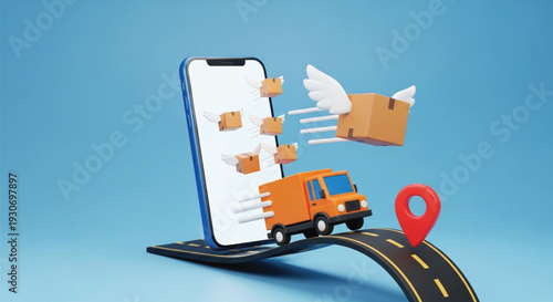 Online ordering app delivery truck brings package from smartphone screen showing fast shipping logistics and map pin marker indicating destination with flying boxes