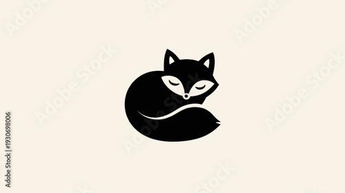 Black minimalist illustration of a curled up fox with closed eyes on a beige background