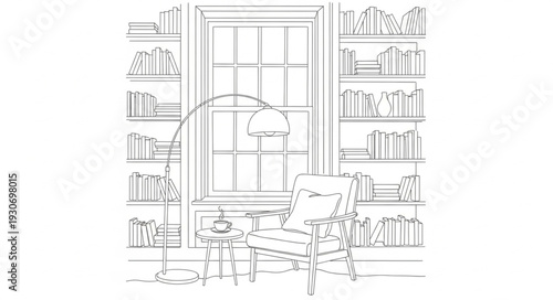 Detailed Illustration of Bookshelves and Desk.