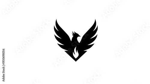 A stark black silhouette of a bird with outstretched wings, framed by a stylized flame emblem
