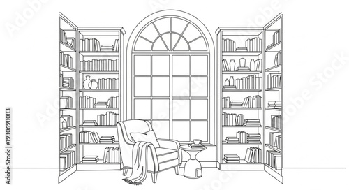 Detailed Illustration of Bookshelves and Window.