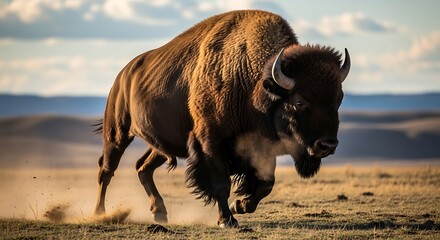 Majestic Bison Charges Through Dusty Plains Under Dramatic Golden Hour Sky.