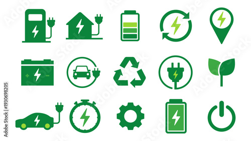 Green EV Illustration Symbol Collection, Electric Vehicle Charging, Battery, Plug and Renewable Energy Icon Set Vector