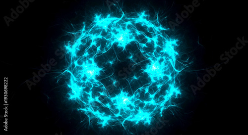 A vibrant blue glowing energy sphere surrounded by intricate lightning patterns against a dark mysterious background from a centered viewpoint