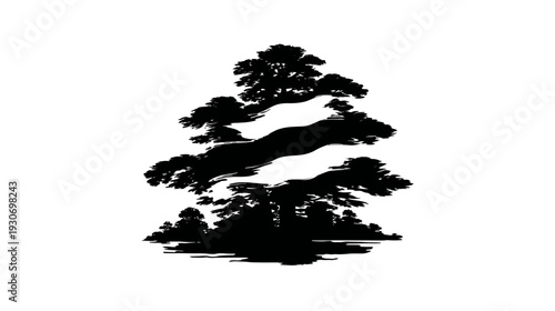 Silhouetted illustration of a multi-tiered evergreen tree with layered foliage