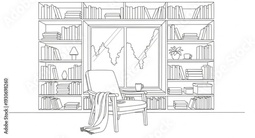 Detailed Sketch of Bookshelves and Window.