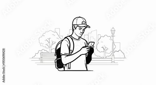 Young man in a cap with backpack texting on phone in a park