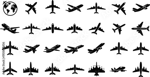 Airplane icons collection, aviation silhouettes, aircraft symbols, flight travel graphics, jet illustrations, global air transport, aviation design elements, airplane clipart