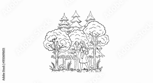 Young person with backpack walks through a forest with various trees and mushrooms