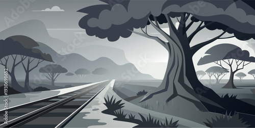 Grayscale Vector Illustration of a Railway Track Leading Through a Savanna Landscape with Silhouetted Trees at Sunset