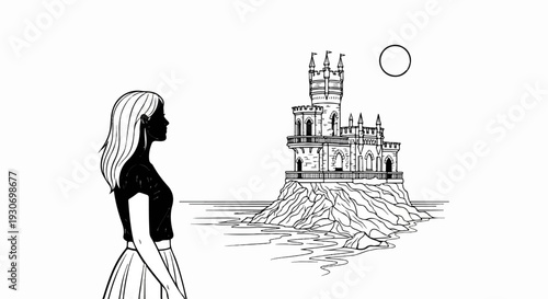 Young woman gazes at a faraway castle on a rocky island under a large moon