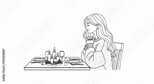 Young woman in cozy sweater enjoys quiet meal by candlelight