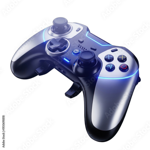 A sleek, futuristic video game controller with blue neon accents against a black background.