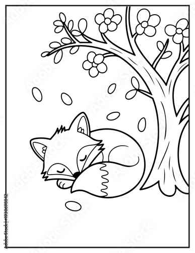 Sleeping fox curled up under a tree outline animal
