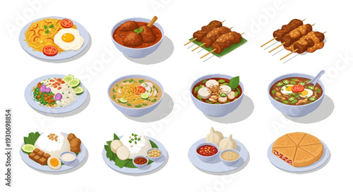 Indonesian Food Vector Illustration Set with Nasi Goreng Satay Rendang and Traditional Cuisine Icons isolated on White Background