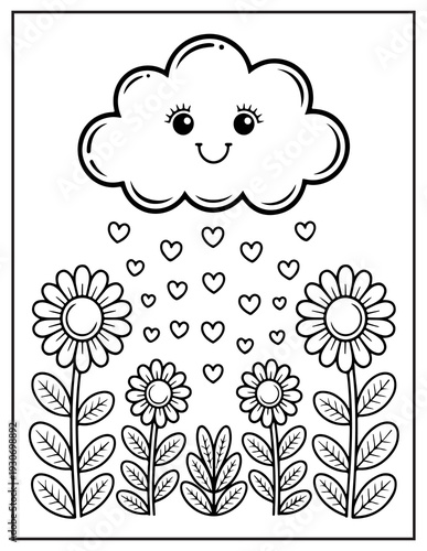 Heart Rain from a Happy Cloud onto Flowers smiling cloud