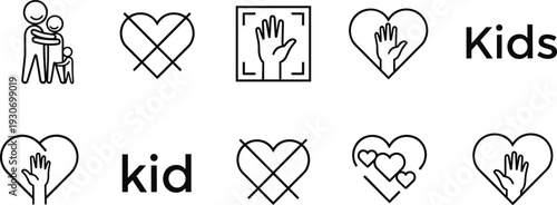 Children care icons, family love symbols, kids protection graphics, parenting support illustrations, heart hand icons, child safety design, childcare logo