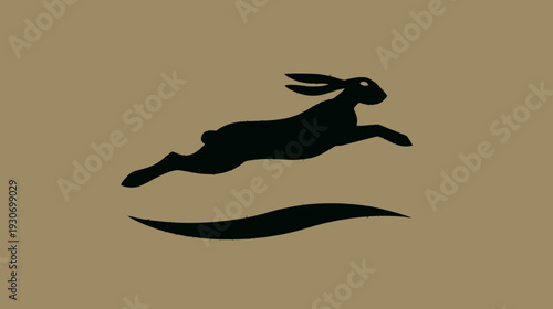 A black silhouette of a leaping hare over a stylized wave, set against a tan background