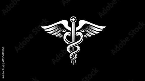 A white caduceus symbol on black background. Features two snakes entwined around a staff, and wings at the top
