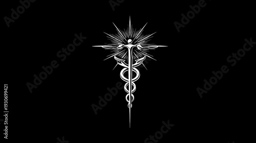 A white illustration of a medical symbol with a person figure atop a stylized rod and serpent