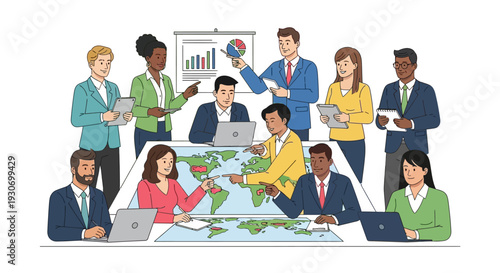 Diverse business team collaborating on global strategy with laptops and maps