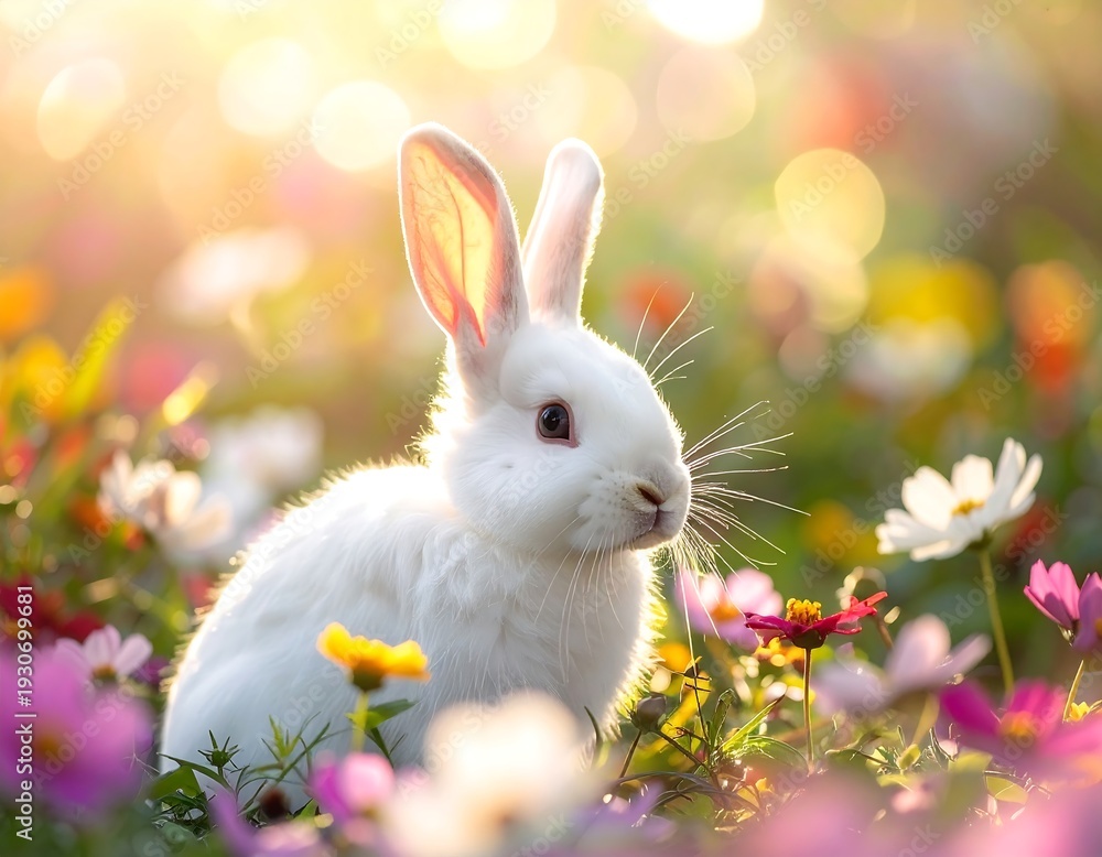 Obraz premium Cute White Bunny in Flower Meadow at Golden Sunset