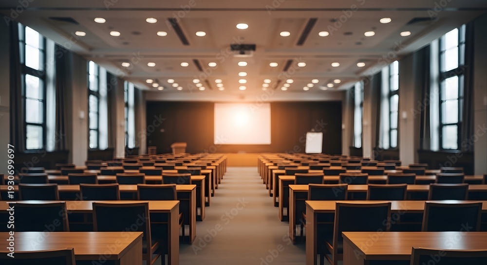 Fototapeta premium Empty modern university lecture hall featuring rows of wooden desks and black chairs with bright projection screen in background at center