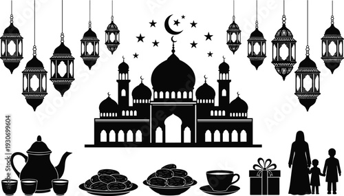 Eid celebration mosque silhouette, Islamic lanterns, crescent moon stars, family gathering, festive food, tea set, gift box, Ramadan illustration