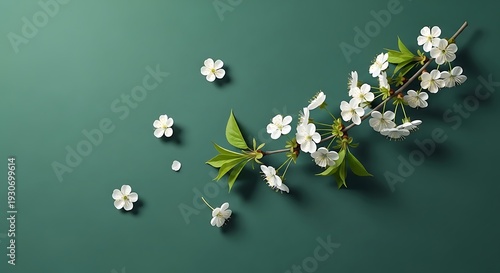 Minimal Spring Blossom Branch on Green Background with White Flowers and Leaves
