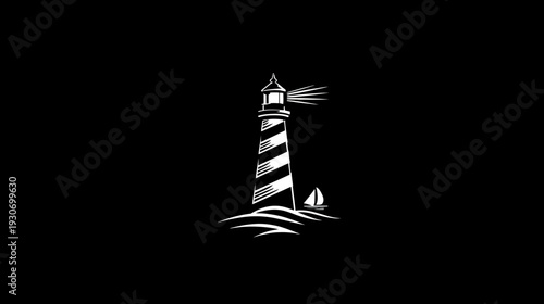 A black image featuring a white outline of a lighthouse with a beacon and a sailboat on the waves