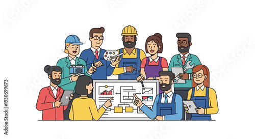 Diverse team collaborating on business project with flowchart