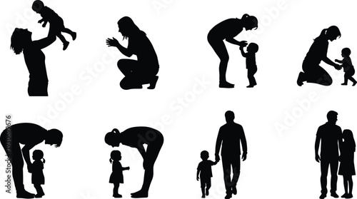 Parenting silhouettes, family bonding, nurturing adults with children, caregiving, emotional connection, childhood development, supportive parents, love, trust, guidance, affection