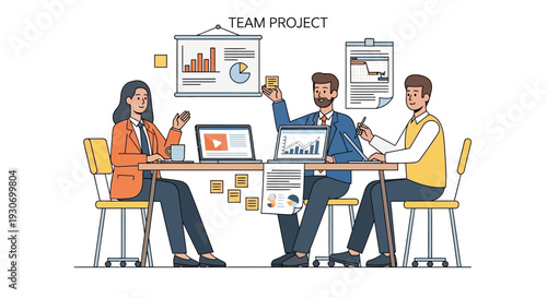 Team collaborating on project with graphs and laptop in modern office