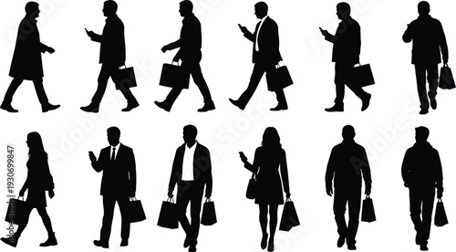 Silhouette people walking with shopping bags, urban lifestyle, consumer behavior, mobile phone usage, business attire, casual fashion, modern city pedestrians