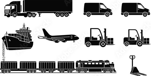 Transportation logistics icons, cargo ship, airplane, freight train, semi truck, cargo vans, forklifts, pallet jack, supply chain silhouette illustration